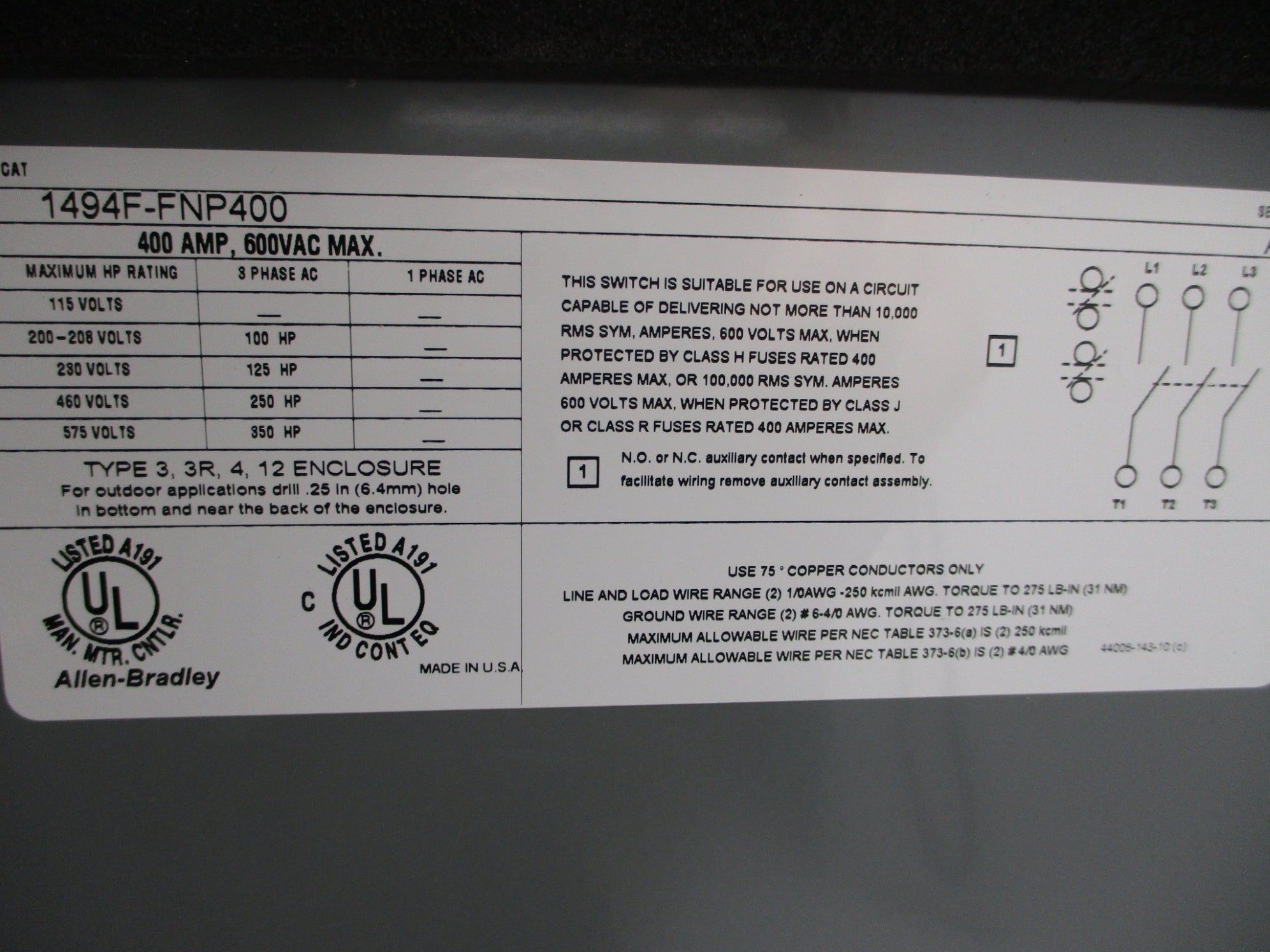 ALLEN BRADLEY 1494F-FNP400 SER.A NSMP