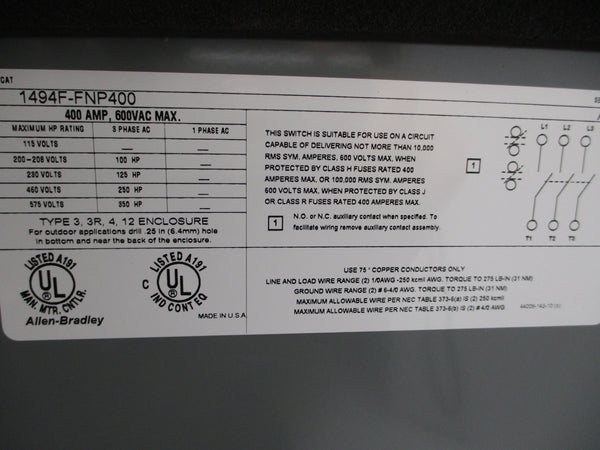 ALLEN BRADLEY 1494F-FNP400 SER.A NSMP