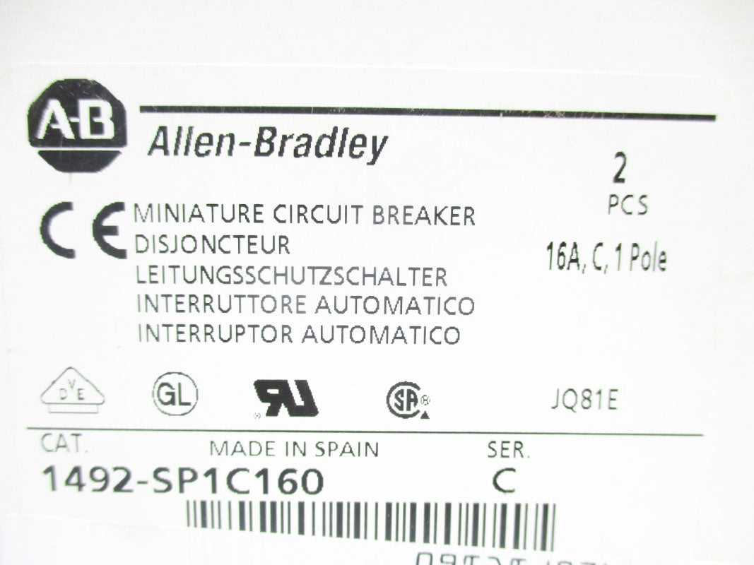 ALLEN BRADLEY 1492-SP1C160 SER. C 240/415VAC 16A (PKG OF 2) NSMP