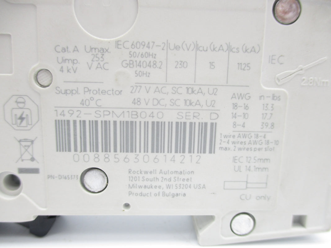 ALLEN BRADLEY 1492-SPM1B040 SER. D 277VAC 4A UNMP