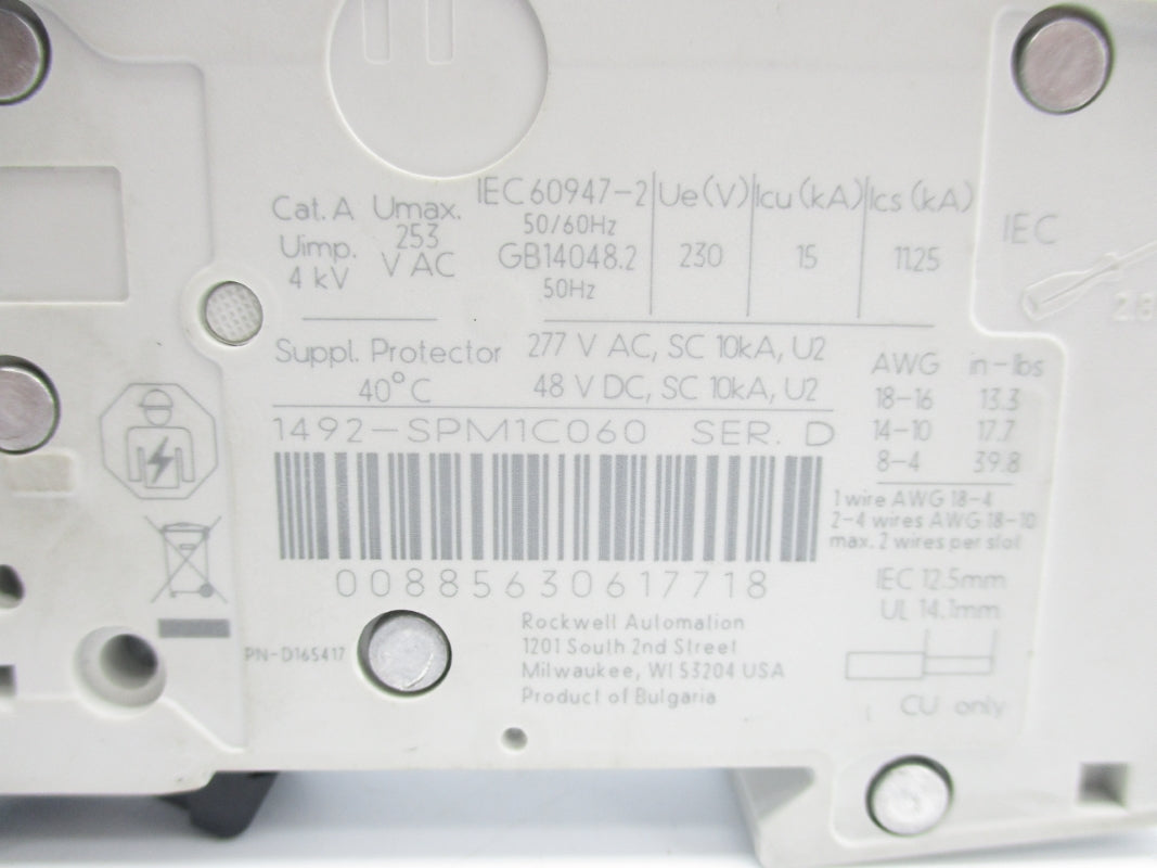 ALLEN BRADLEY 1492-SPM1C060 SER. D 277VAC 4A UNMP