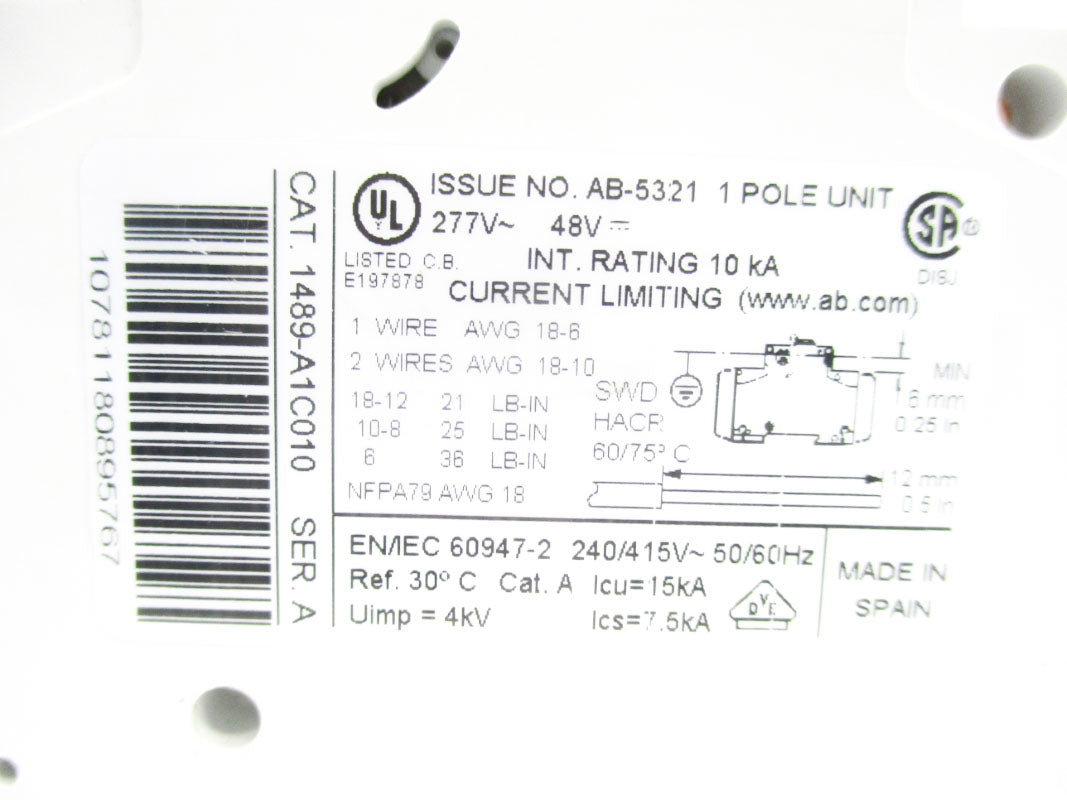 ALLEN BRADLEY 1489-A1C010 SER. A 277V 1A UNMP