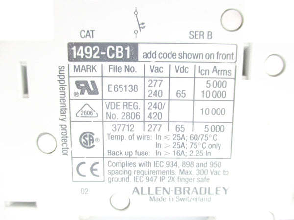 ALLEN BRADLEY 1492-CB1G150 SER. B 277VAC 15A UNMP