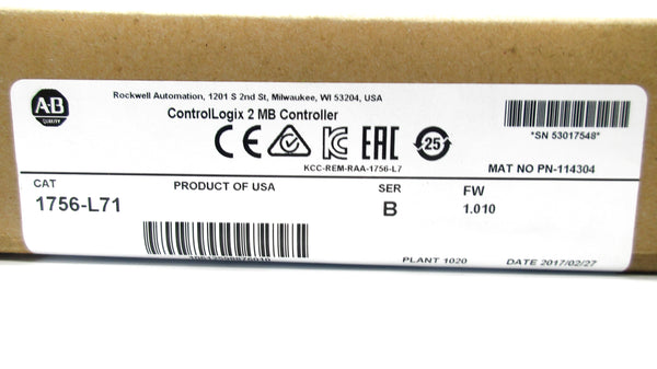 ALLEN BRADLEY 1756-L71 SER. B F/W 1.010 DATE: 2017 NSFS