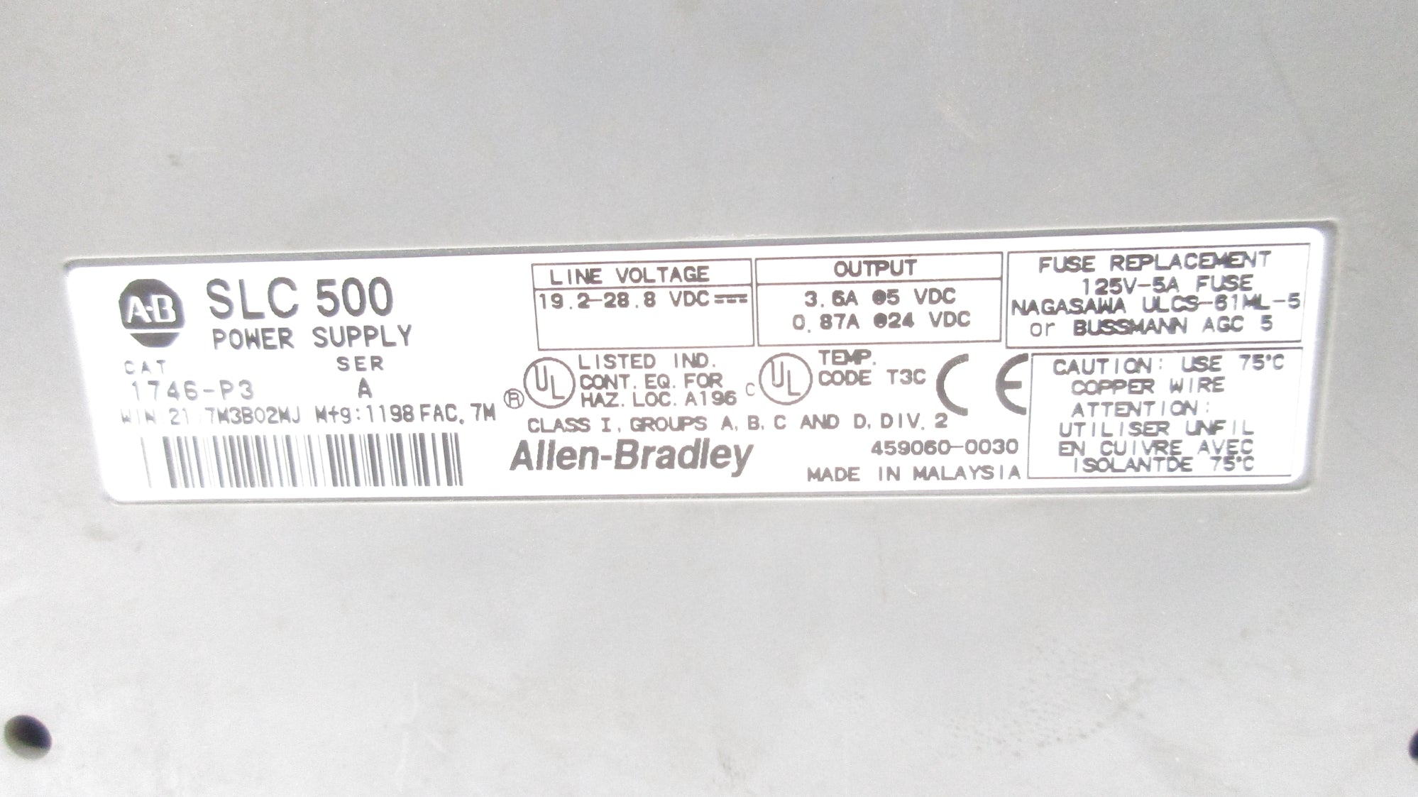 ALLEN BRADLEY 1746-P3 SER. A 19.2-28.8VDC (NO DOOR) UNMP