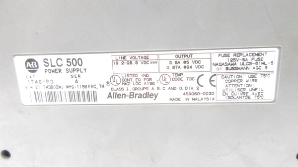 ALLEN BRADLEY 1746-P3 SER. A 19.2-28.8VDC (NO DOOR) UNMP