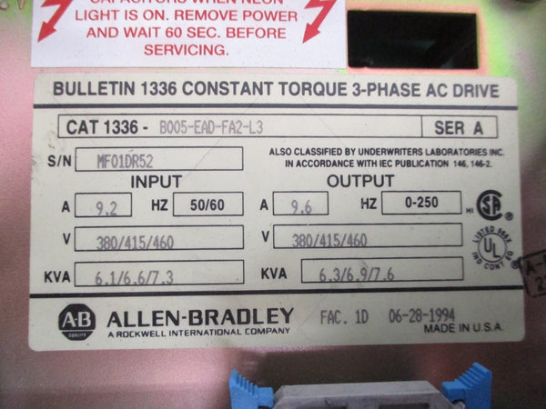 ALLEN BRADLEY 1336-B005-EAD-FA2-L3 SER. A UNMP