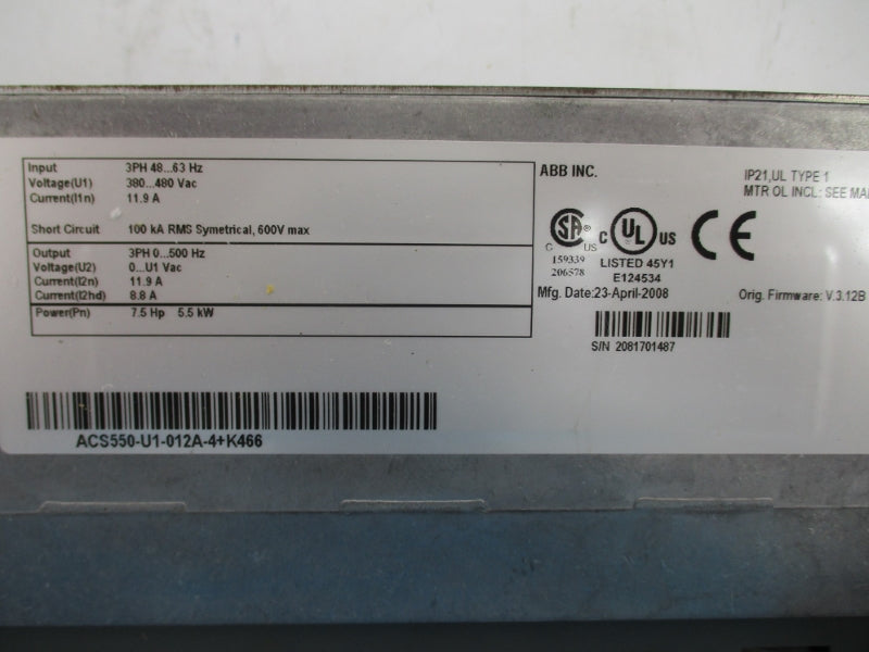 ABB ACS550-U1-012A-4+K466 380/480VAC 11.9A NSNP