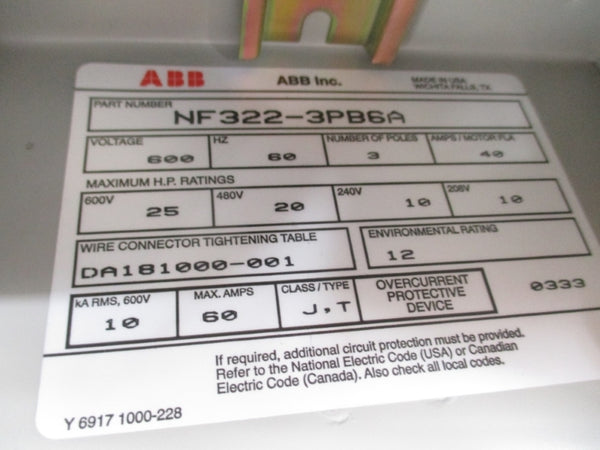 ABB NF322-3PB6A 600V 40A NSMP