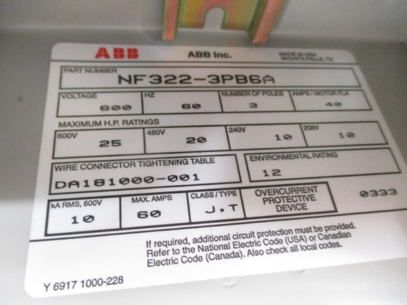 ABB NF322-3PB6A 600V 40A NSMP