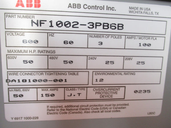 ABB NF1002-3PB6B 600V 100A (AS PICTURED) NSNP