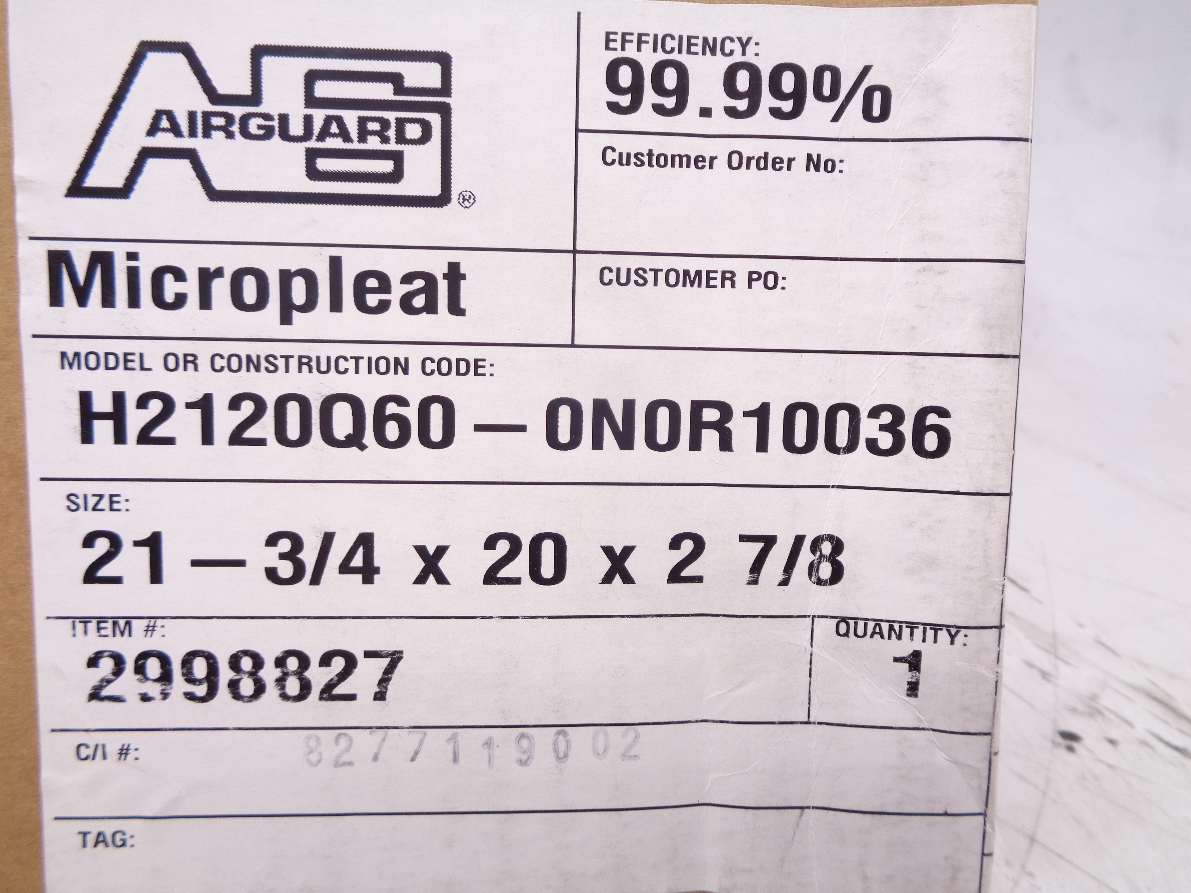 AIRGUARD H2120Q60-0N0R10036 NSMP