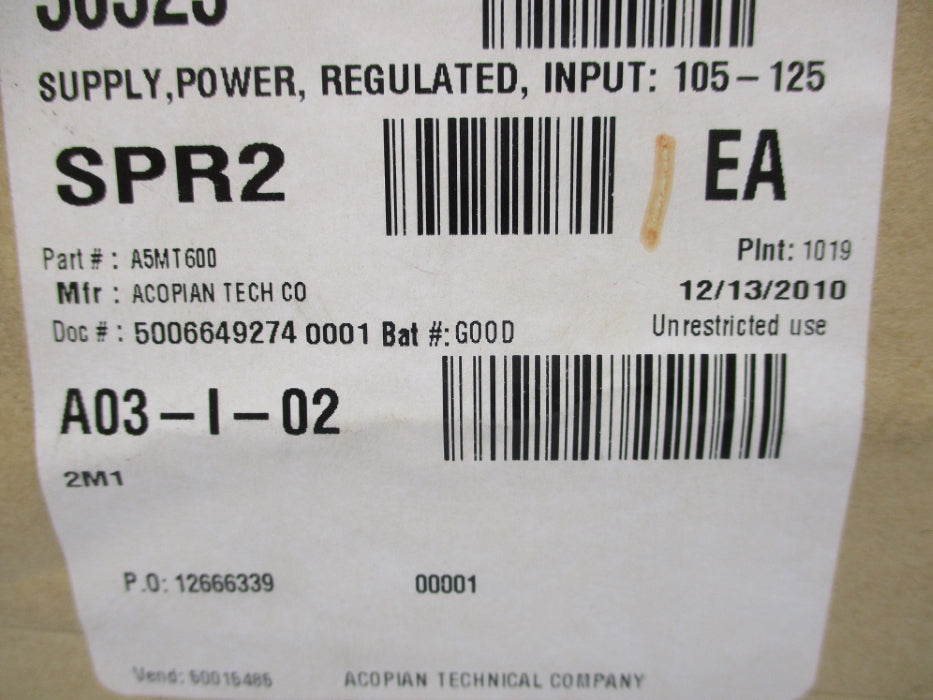 ACOPIAN A5MT600 NSMP