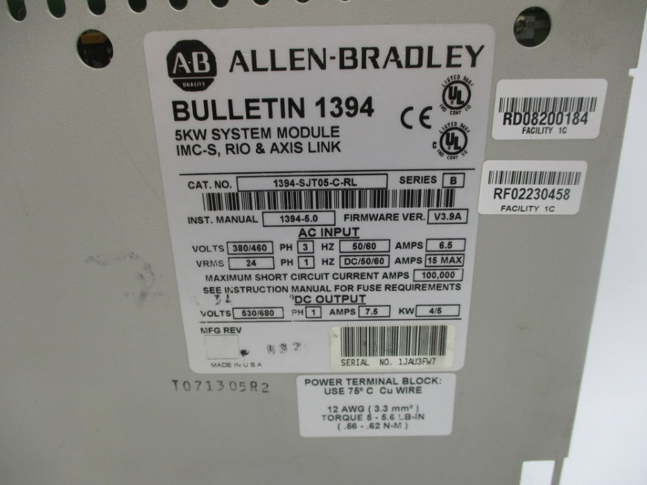 ALLEN BRADLEY 1394-SJT05-C-RL SER. B F/W V3.9A (AS PICTURED) UNMP