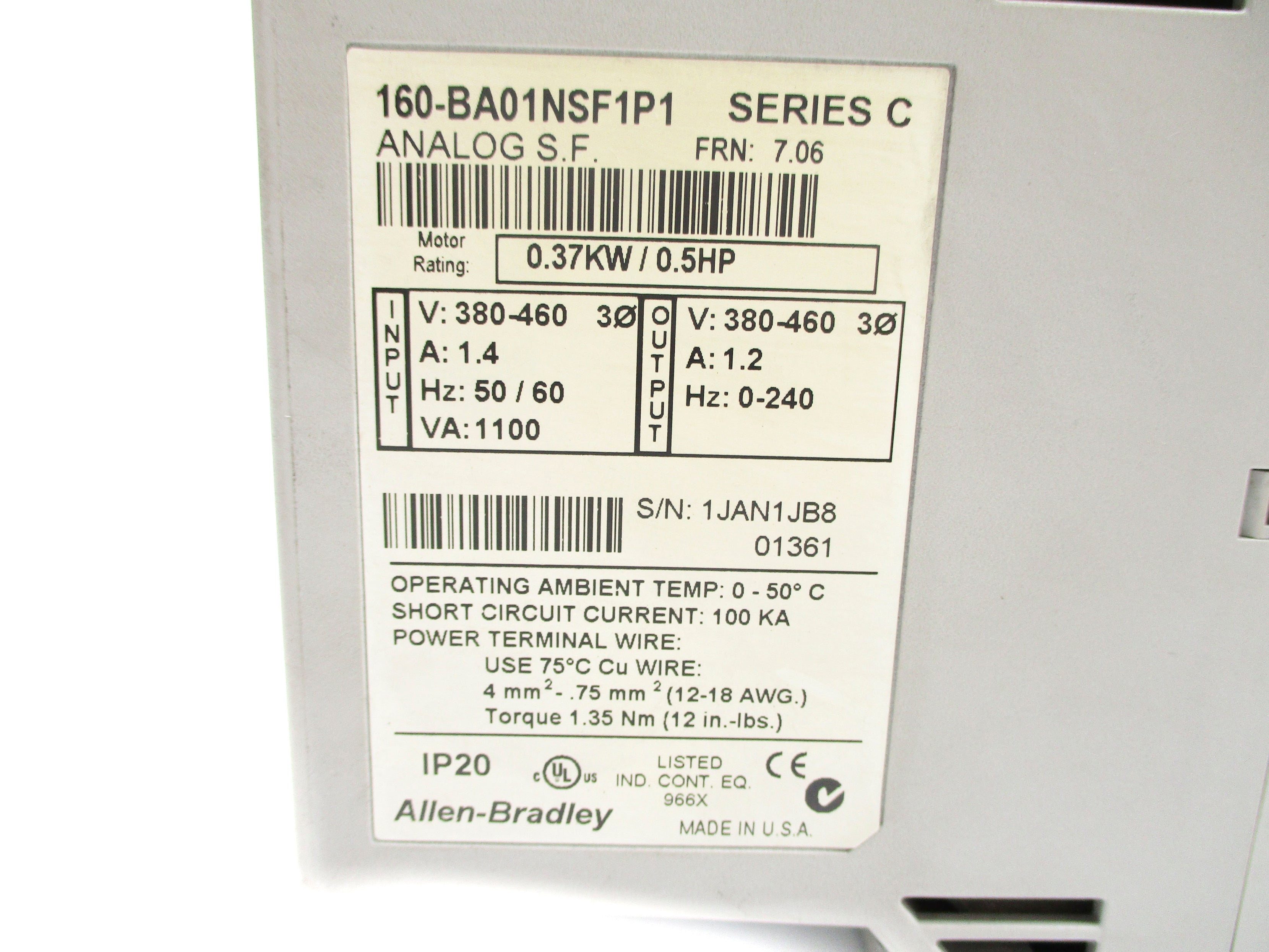 ALLEN BRADLEY 160-BA01NSF1P1 SER. C F/W 7.06 UNMP