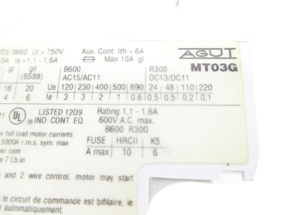 AGUT MT03G 1.1-1.6A 600VAC UNMP