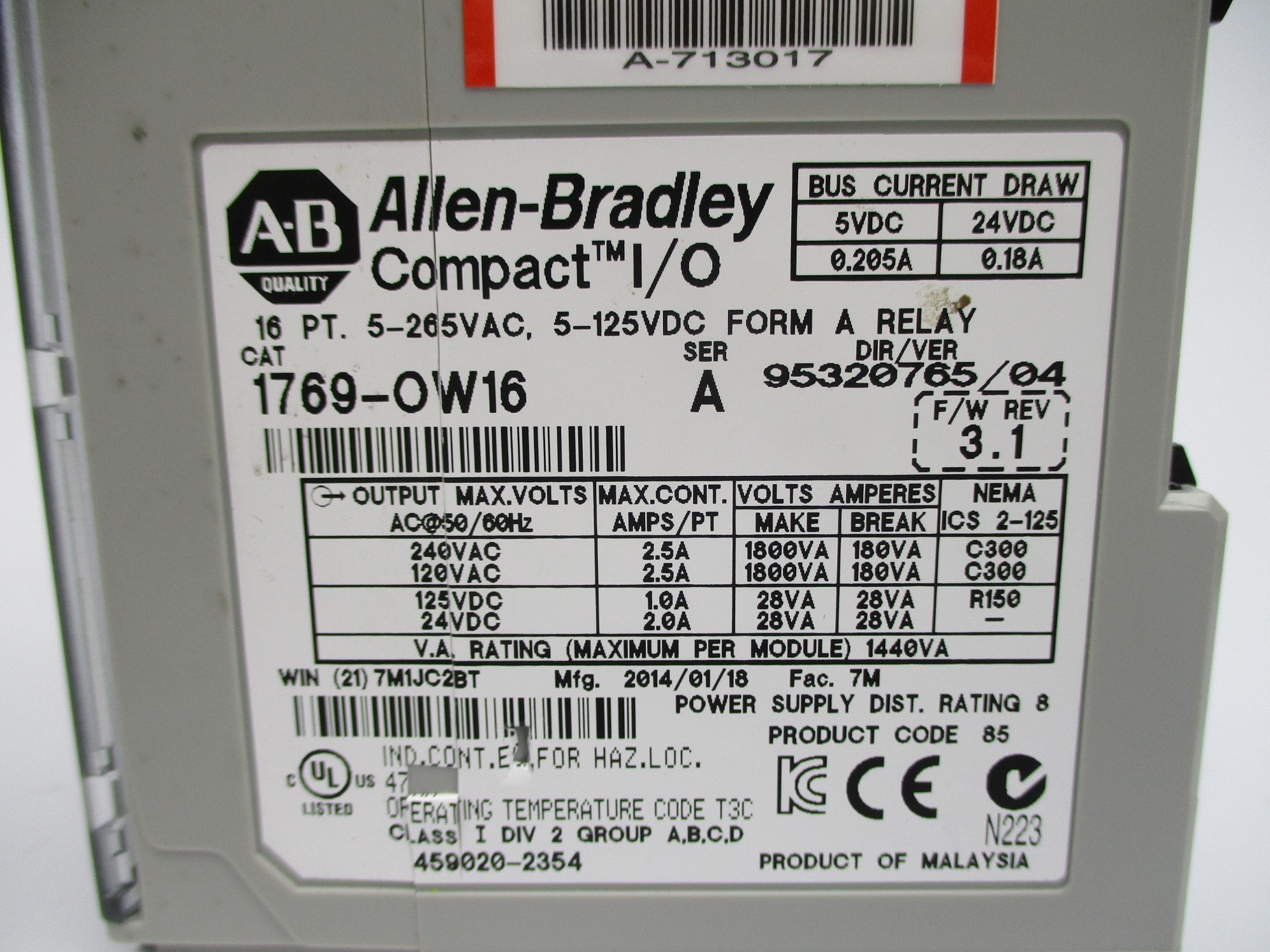 ALLEN BRADLEY 1769-OW16 SER. A F/W 3.1 5-265VAC 2.5A (NO TERMINAL) NSNP
