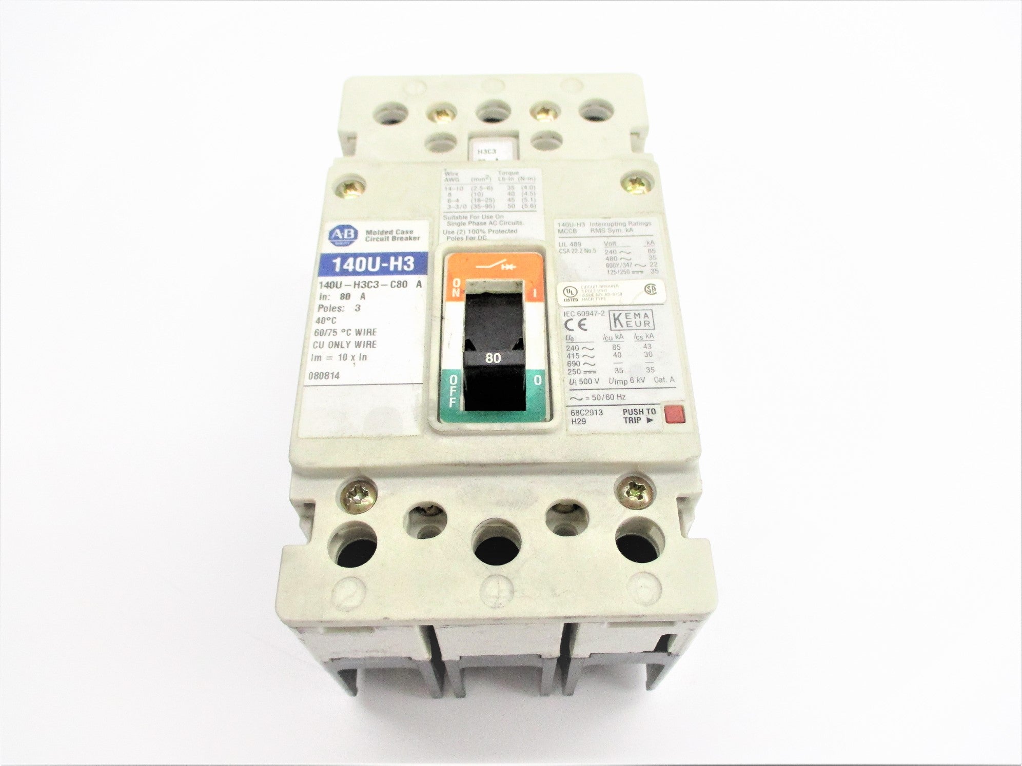 ALLEN BRADLEY 140U-H3C3-C80 SER. A 80A 240/480V (AS PICTURED) NSNP