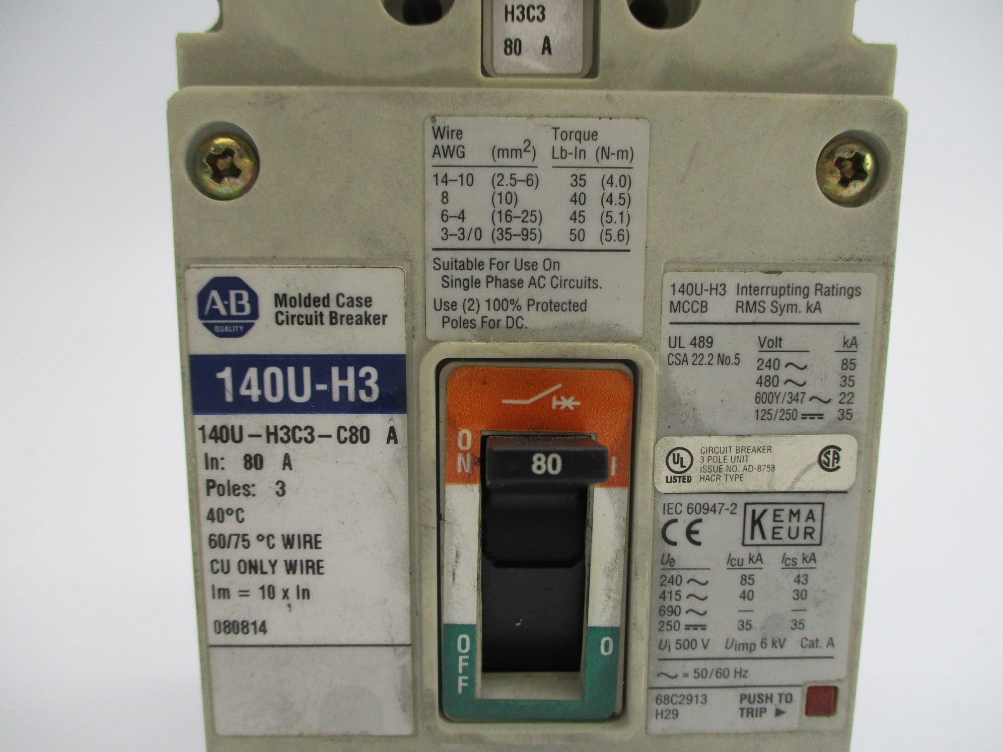 ALLEN BRADLEY 140U-H3C3-C80 SER. A 80A 240/480V (AS PICTURED) NSNP