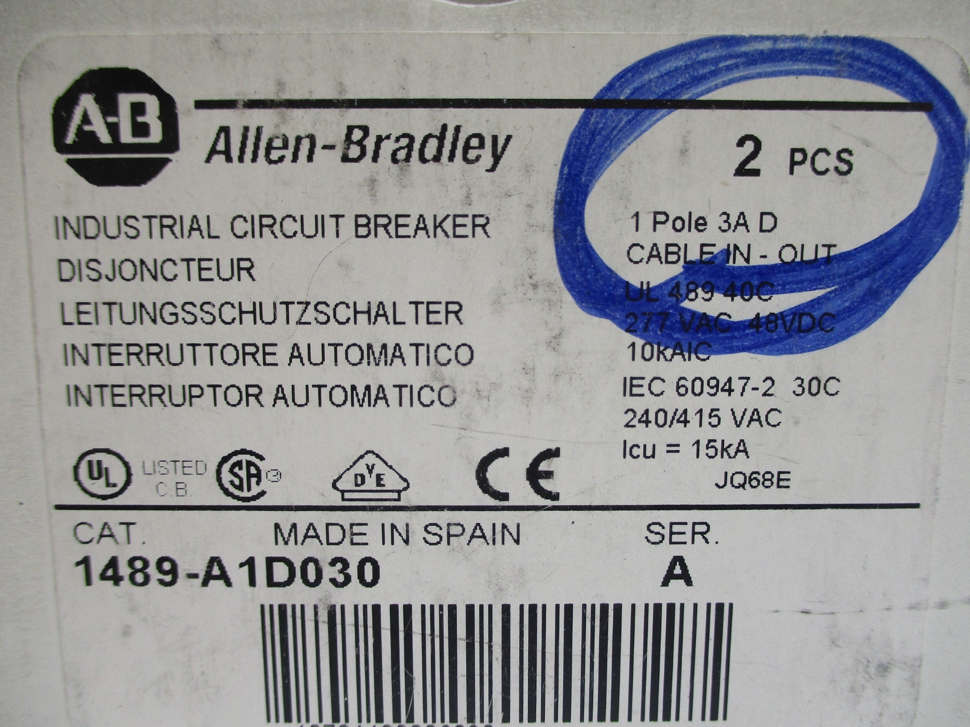 ALLEN BRADLEY 1489-A1D030 SER. A 3A 277VAC (PKG OF 2) NSMP