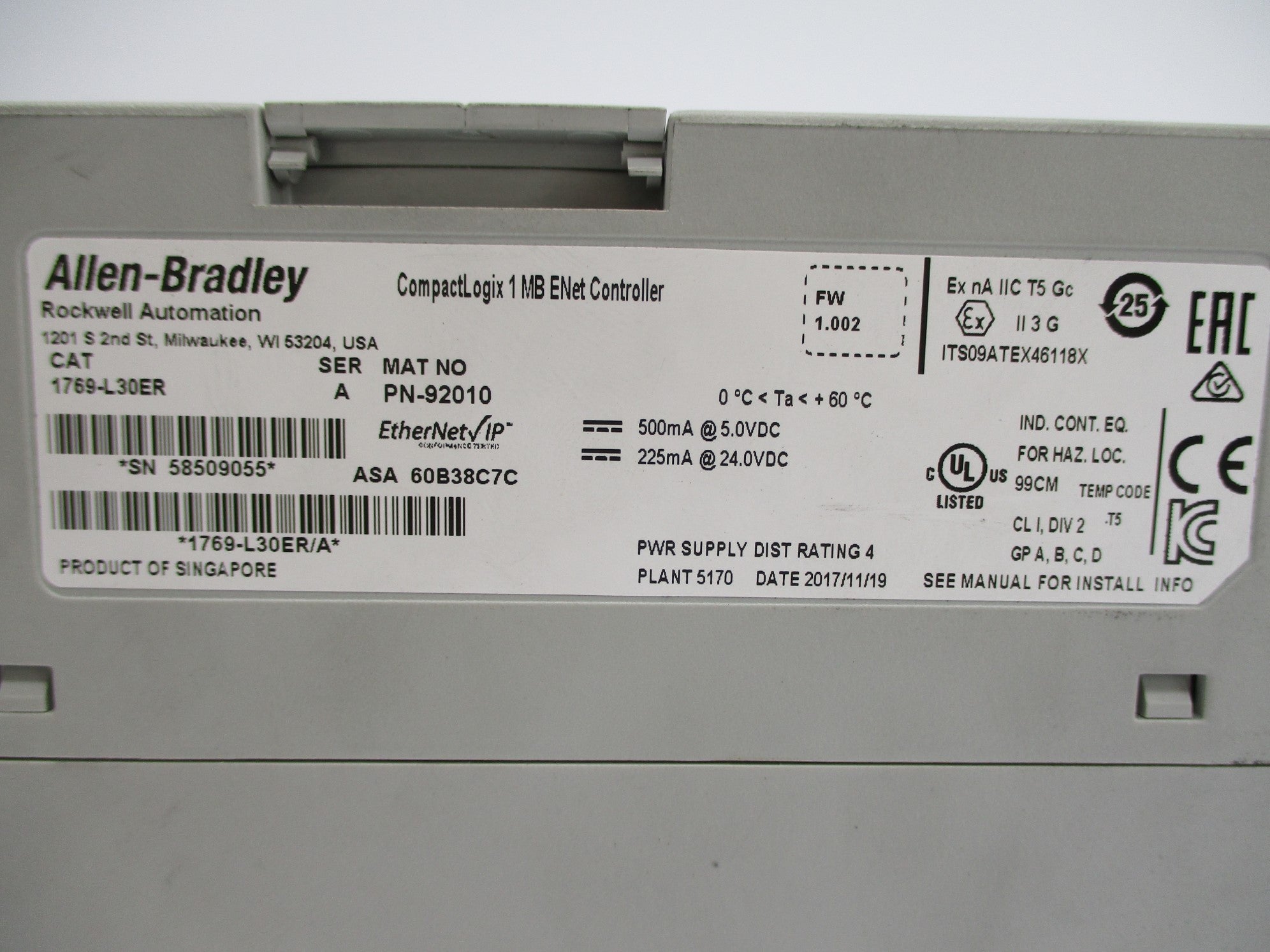 ALLEN BRADLEY 1769-L30ER SER. A F/W 1.002 (AS PICTURED) NSNP