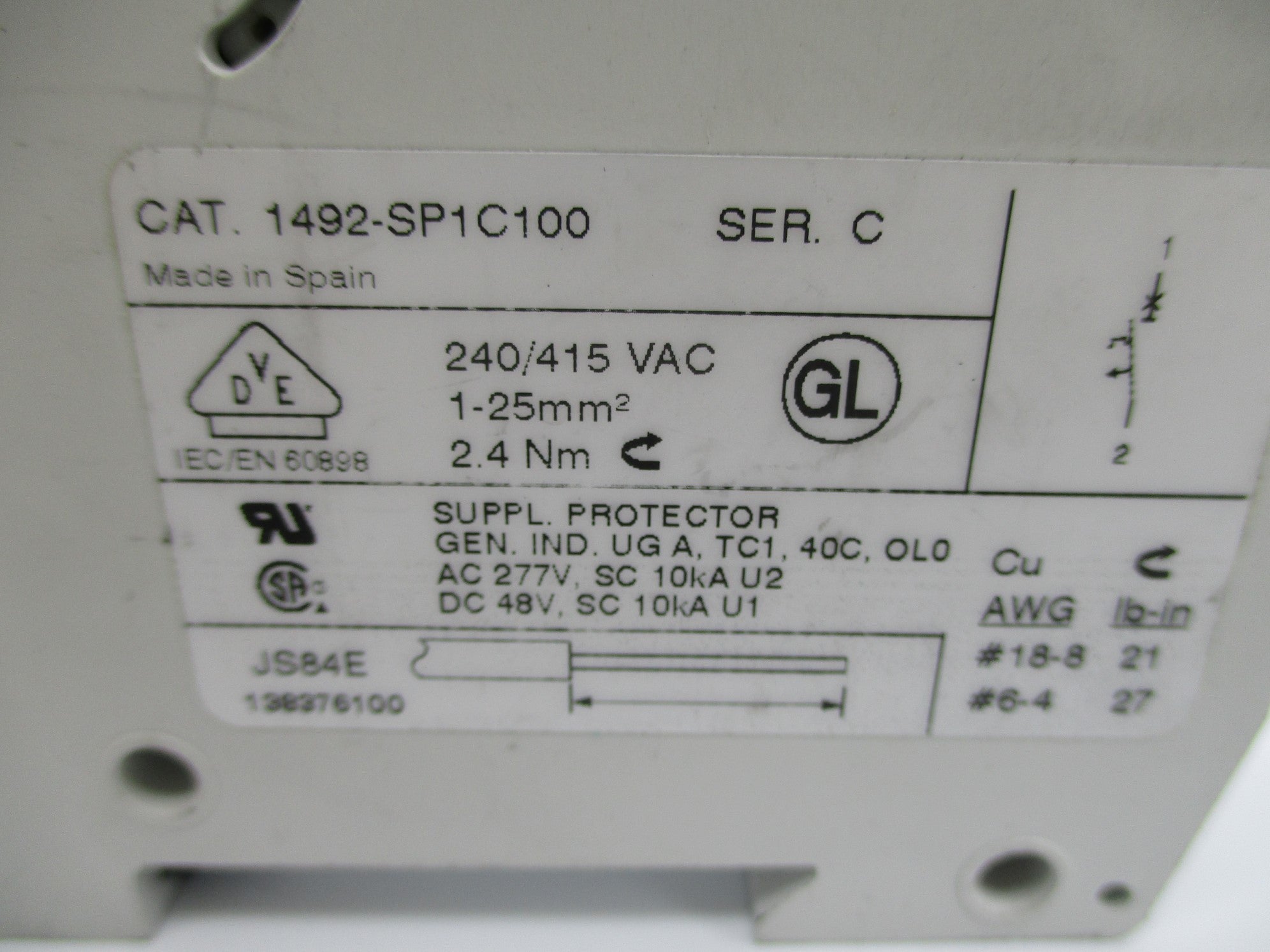 ALLEN BRADLEY 1492-SP1C100 SER. C 10A 240/415VAC UNMP