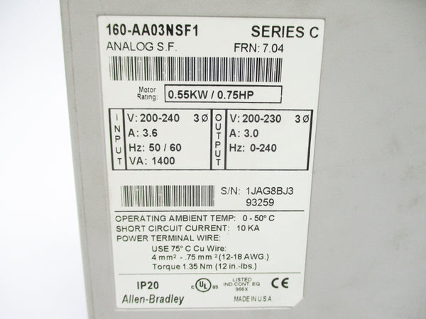 ALLEN BRADLEY 160-AA03NSF1 SER. C F/W 7.04 NSNP
