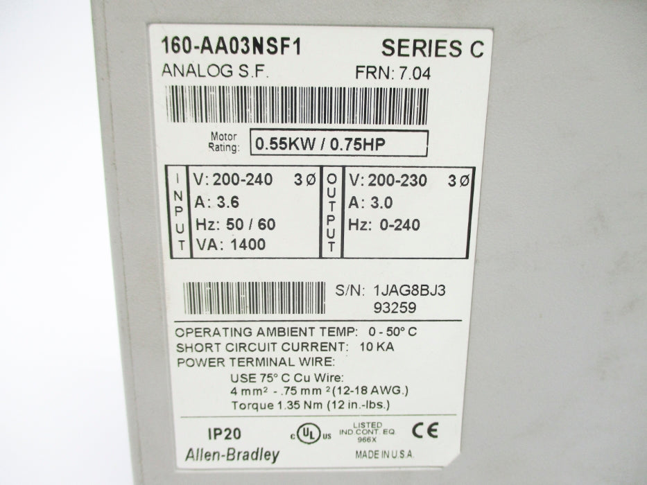 ALLEN BRADLEY 160-AA03NSF1 SER. C F/W 7.04 NSNP