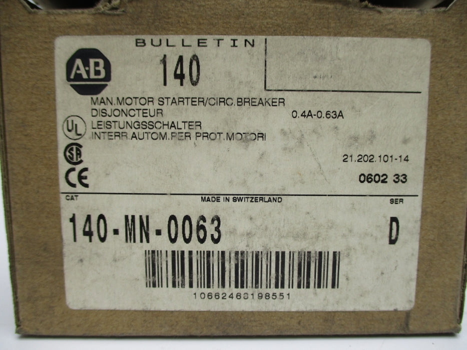 ALLEN BRADLEY 140-MN-0063 SER. D 690V 0.4-0.63A NSMP