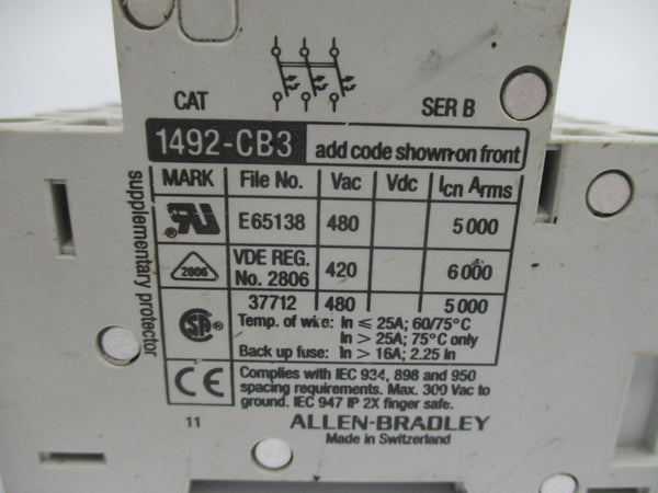 ALLEN BRADLEY 1492-CB3H100 SER. B 10A 480VAC UNMP