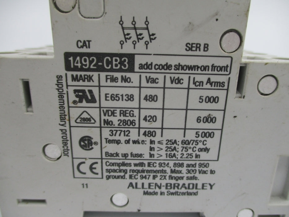 ALLEN BRADLEY 1492-CB3H100 SER. B 10A 480VAC UNMP