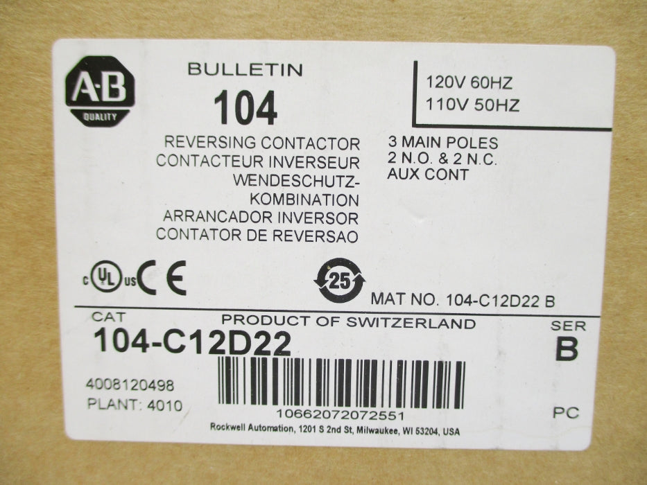ALLEN BRADLEY 104-C12D22 SER. B 110/120V 32A (BR/WH) NSMP