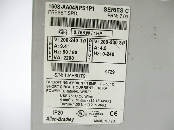 ALLEN BRADLEY 160S-AA04NPS1P1 SER. C F/W 7.03 NSNP