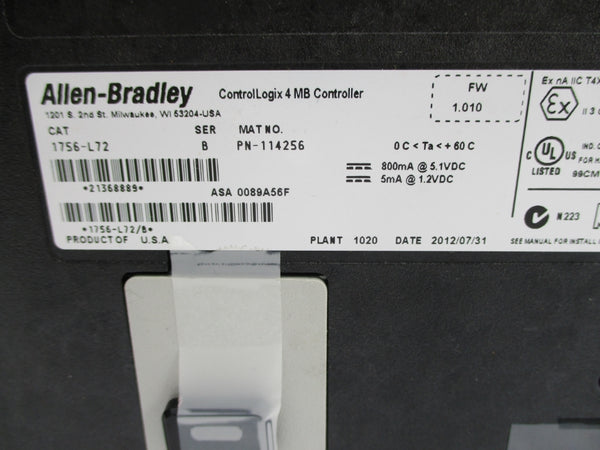 ALLEN BRADLEY 1756-L72 SER. B F/W 1.010 (NO KEY) NSNP