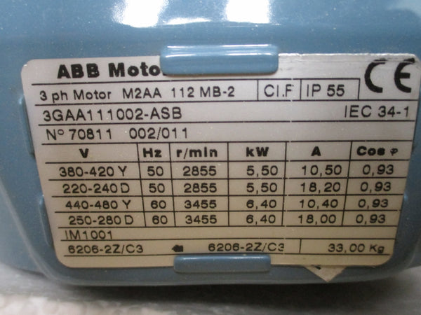 ABB MOTOR M2AA112MB-2 3GAA111002-ASB 480V 18.20A NSMP