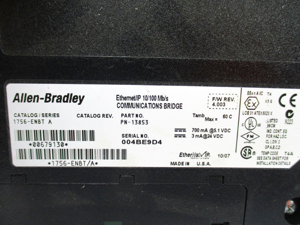 ALLEN BRADLEY 1756-ENBT SER. A F/W 4.003 24VDC (NO DOOR/TERMINAL) NSNP