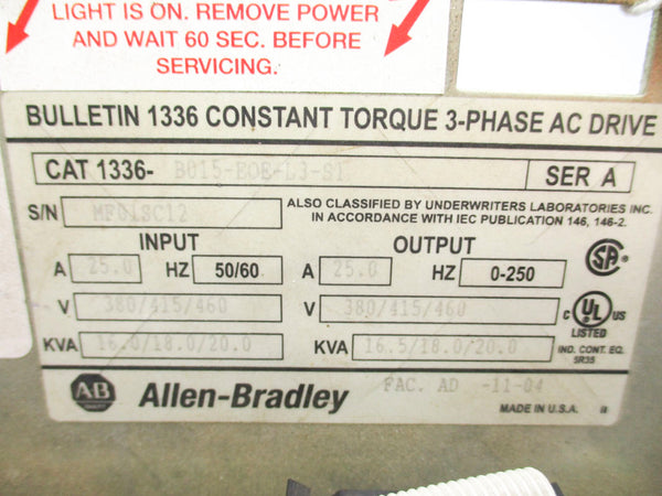 ALLEN BRADLEY 1336-B015-EOE-L3-S1 SER. A 460V 25.0A (AS PICTURED) UNMP