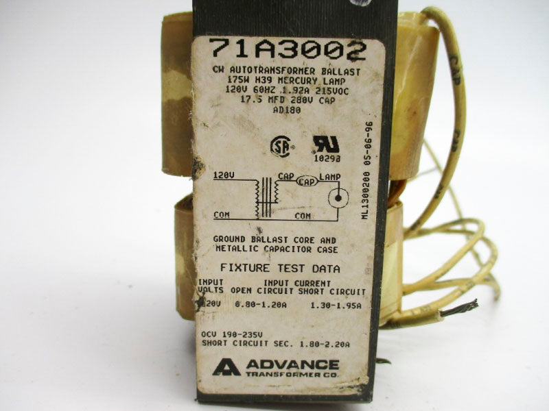 ADVANCE TRANSFORMER 71A3002 120V 0.80-1.20A UNMP