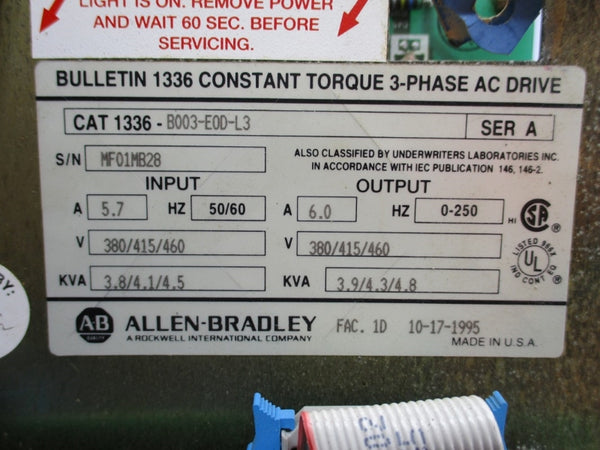 ALLEN BRADLEY 1336-B003-EOD-L3 SER. A 460V 5.7A NSNP