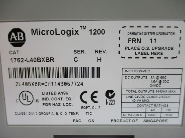 ALLEN BRADLEY 1762-L40BXBR SER. C F/W 11 24VDC 1A NSNP