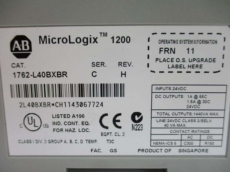 ALLEN BRADLEY 1762-L40BXBR SER. C F/W 11 24VDC 1A NSNP