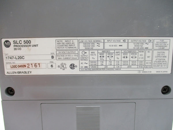 ALLEN BRADLEY 1747-L20C SER. B F/W 6 10-30VDC 2.5A (NO DOORS) NSNP