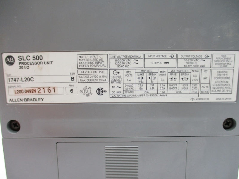 ALLEN BRADLEY 1747-L20C SER. B F/W 6 10-30VDC 2.5A (NO DOORS) NSNP