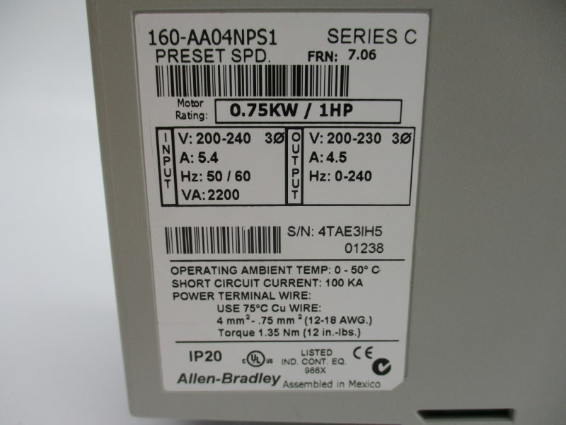 ALLEN BRADLEY 160-AA04NPS1 SER. C F/W 7.06 200-240V 5.4A NSMP