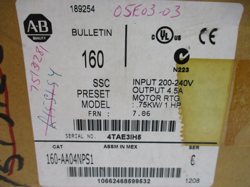 ALLEN BRADLEY 160-AA04NPS1 SER. C F/W 7.06 200-240V 5.4A NSMP