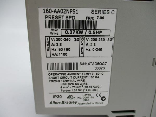 ALLEN BRADLEY 160-AA02NPS1 SER. C F/W 7.06 200-240V 2.8A (BR/WH) NSMP
