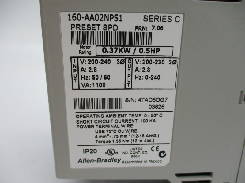 ALLEN BRADLEY 160-AA02NPS1 SER. C F/W 7.06 200-240V 2.8A (BR/WH) NSMP