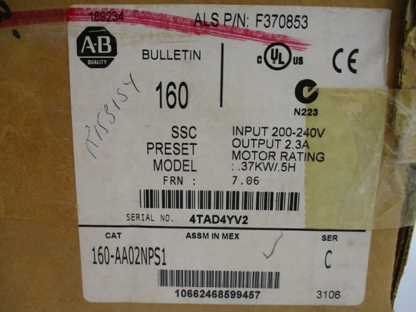 ALLEN BRADLEY 160-AA02NPS1 SER. C F/W 7.06 200-240V 2.8A (BR/WH) NSMP