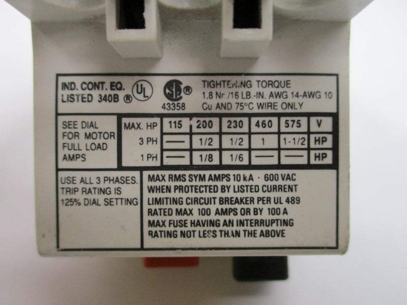 ALLEN BRADLEY 140-MN-0240 SER. A 600VAC 1.6-2.4A NSNP