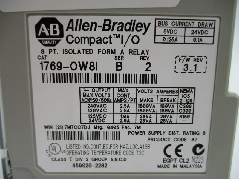 ALLEN BRADLEY 1769-OW8I SER. B F/W 3.1 24VDC 0.1A (AS PICTURED) NSNP